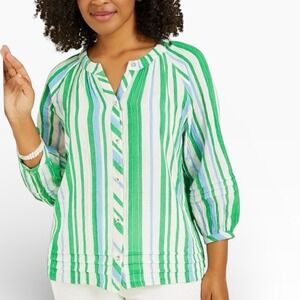 Talbots Plus Petite 2XP Green Blue Striped Cotton Gauze Button Front Blouse Top